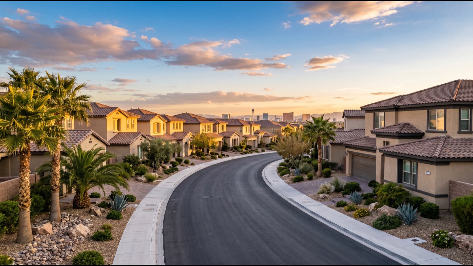 Family streetscape in a North Las Vegas master-planned community with newer homes and desert landscaping