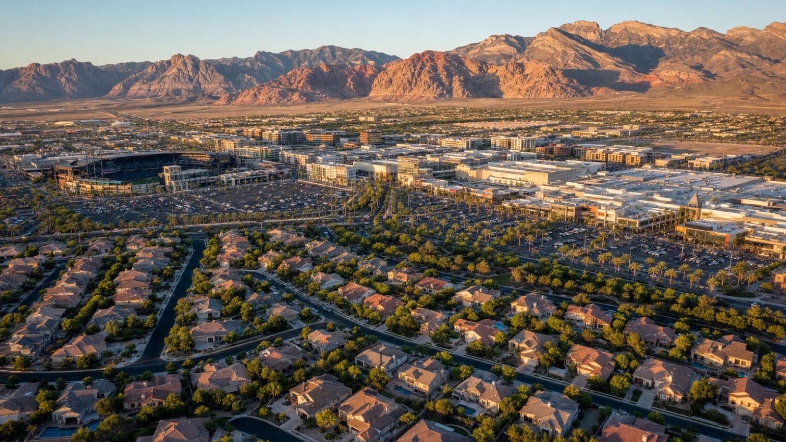 Aerial view of Downtown Summerlin and Las Vegas Aviators Ballpark with Red Rock Canyon in the background 2026