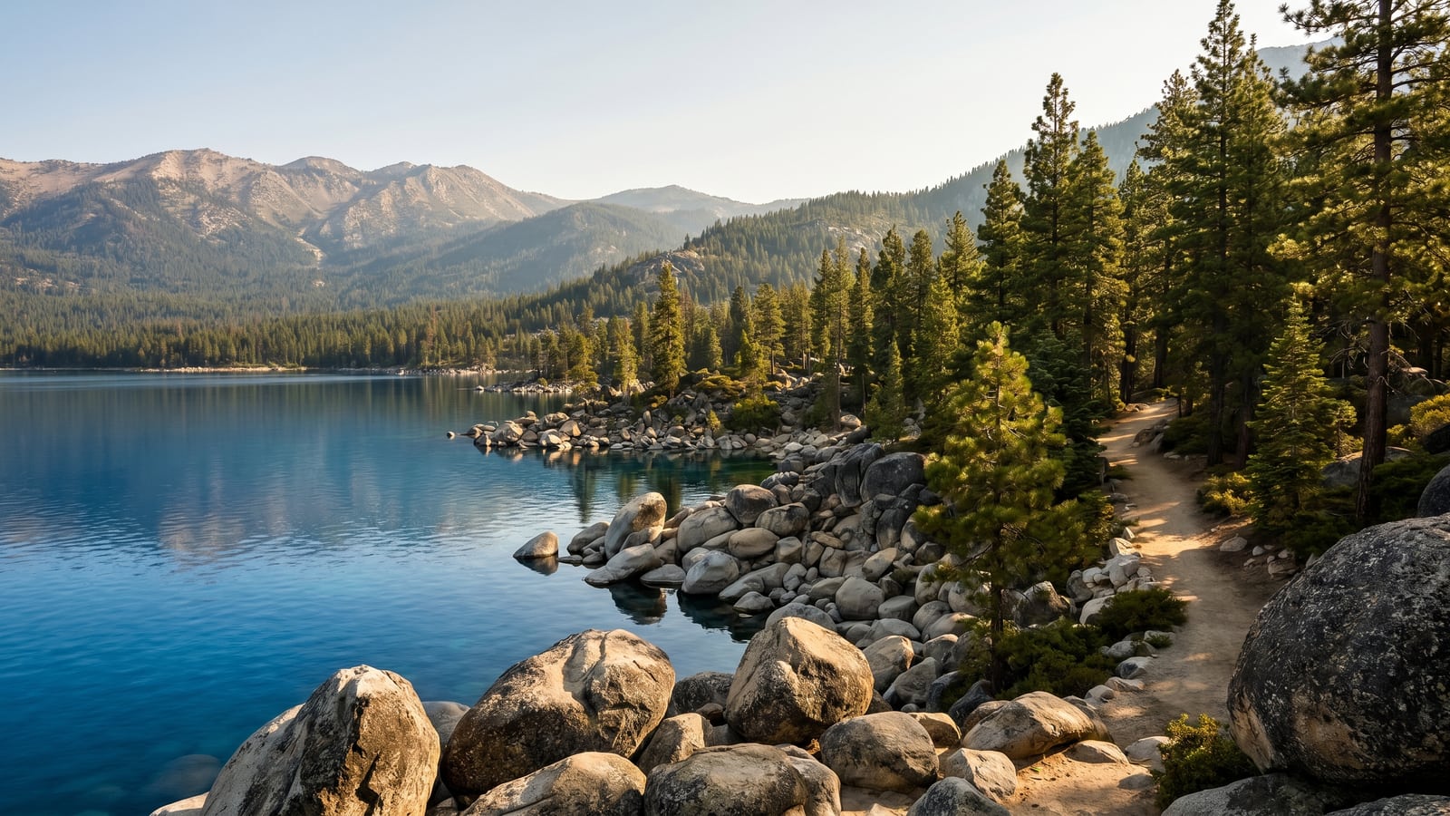 Lake Tahoe alpine blue water framed by pine forest and the Sierra Nevada on the Nevada side