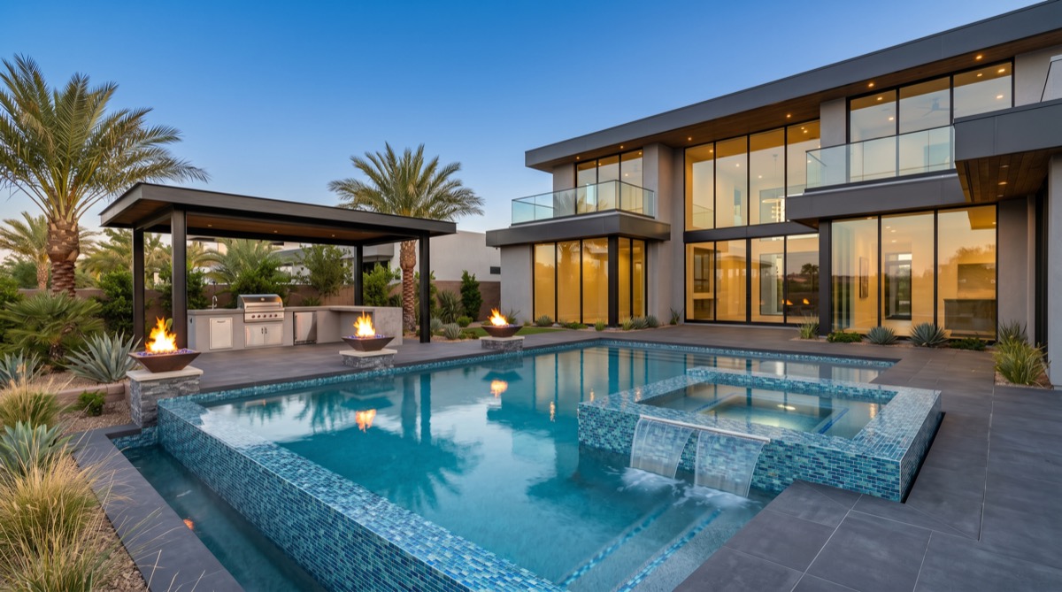 Mid-tier Summerlin backyard with a rectangular in-ground pool, baja shelf, palm trees, and a covered patio — representative of the $1.2M to $1.8M pool home segment that dominates Summerlin and Henderson inventory