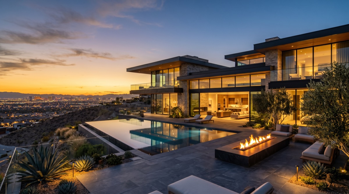Hillside Las Vegas luxury estate at twilight with detached casita structure visible to the side of the main home, palm trees, and Strip skyline view in the background — representative of MacDonald Highlands and The Ridges custom-build multi-generational layouts