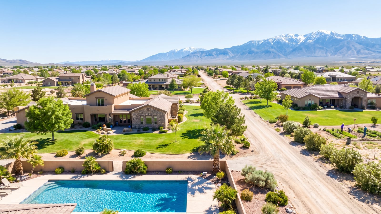 Pahrump Nevada rural residential area with homes on spacious desert acreage and the Spring Mountains behind