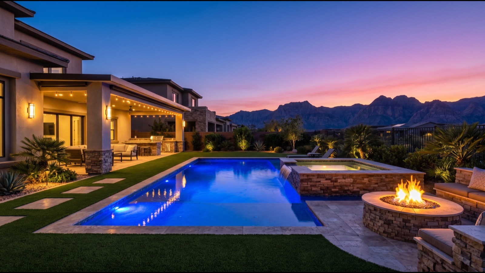 Rancho Bel Air half-acre estate with resort pool deck mature elm canopy circular drive and integrated outdoor great room at golden hour