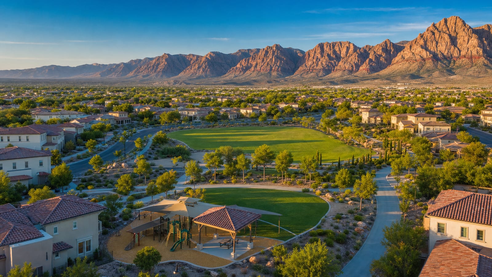 The Paseos Summerlin mature tree-lined residential streets with established neighborhood character and Mediterranean architecture