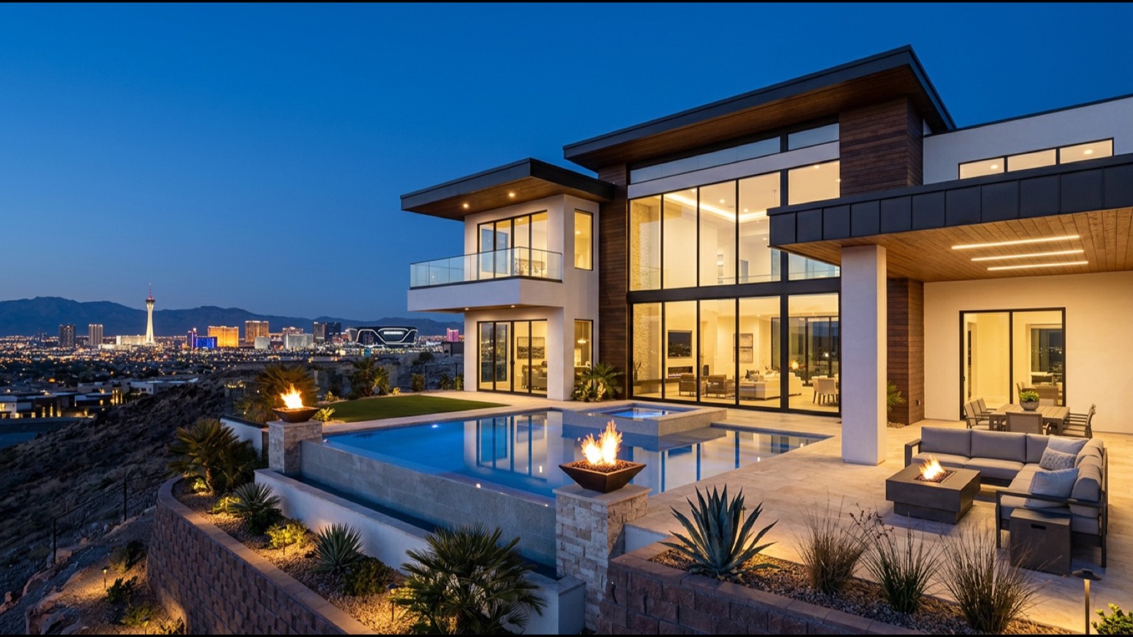Contemporary Las Vegas high-rise condo interior with floor-to-ceiling glass, warm wood, and a framed Strip view
